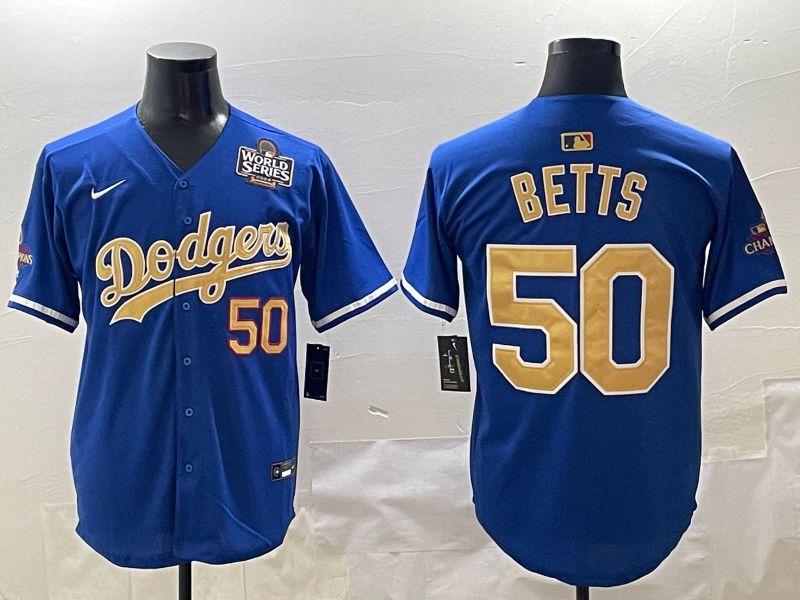 Men Los Angeles Dodgers #50 Betts Blue Champion gold character 2025 Nike MLB Jersey style 4123
